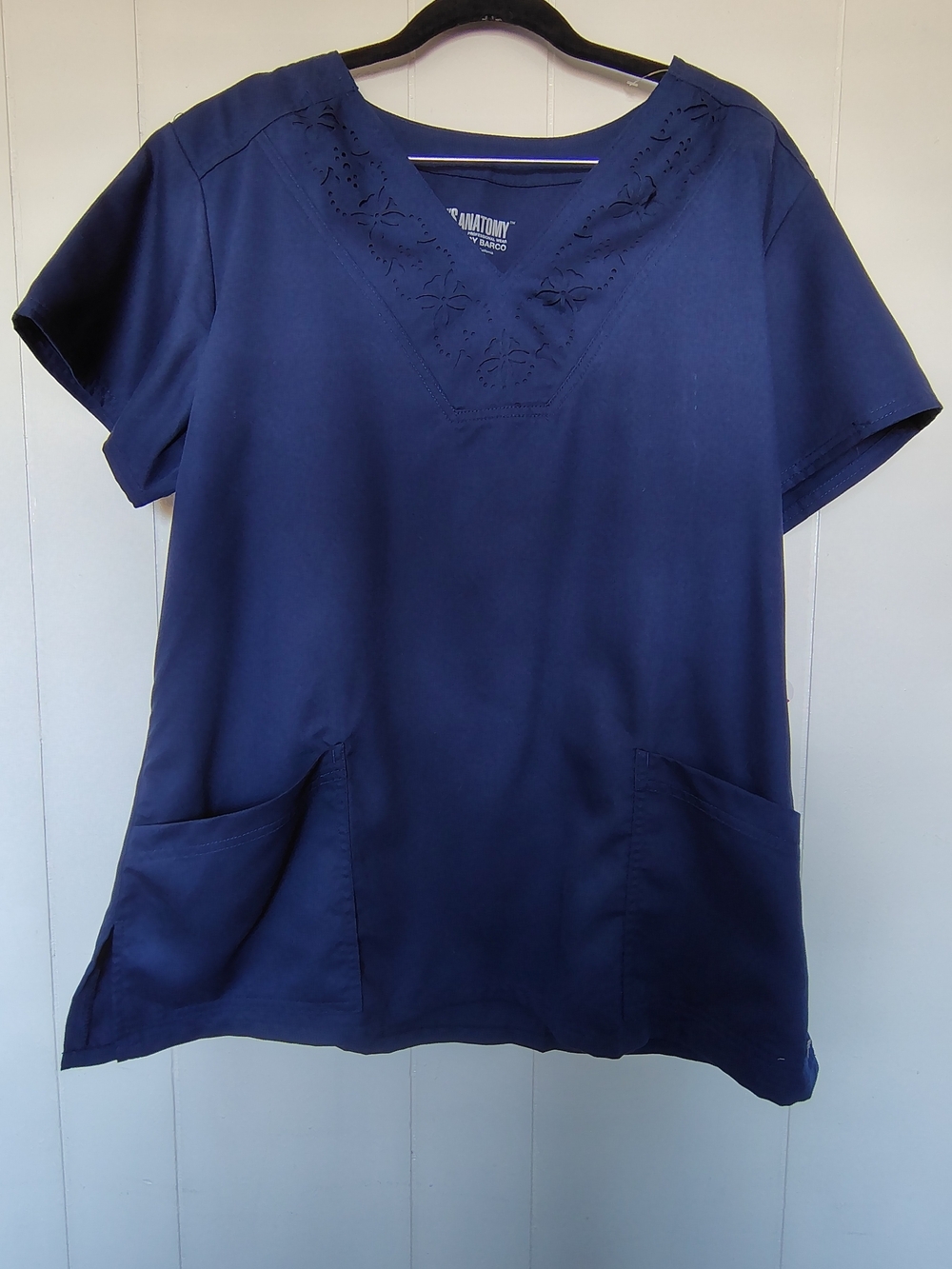 Grey's Anatomy Navy V-Neck Scrub Top with Floral Cutwork Size XL